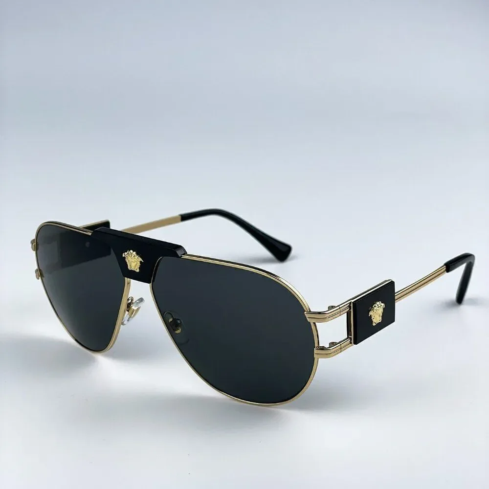 NEW Versace VE2252 100287 BRAND NEW Gold Dark Grey Metal Pilot Unisex Sunglasses